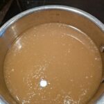 The finished pot of broth, showing where it came up to on the volume lines inside