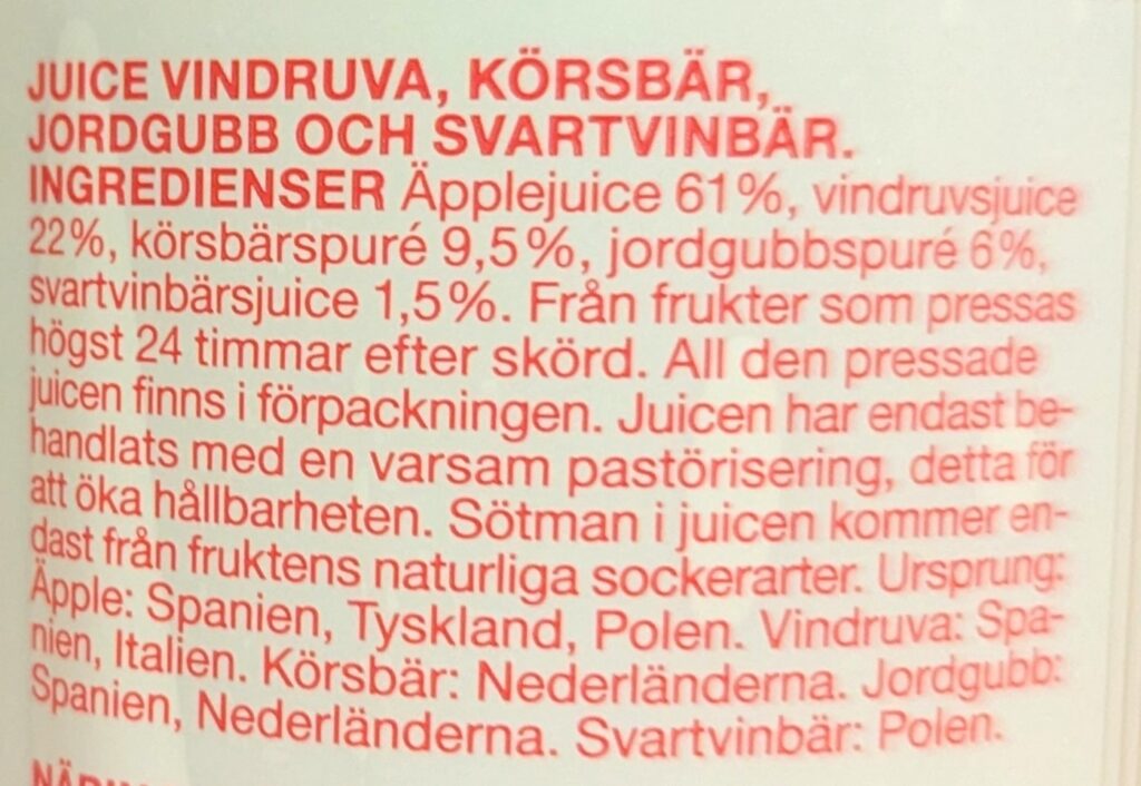 An ingredient label written in Swedish
