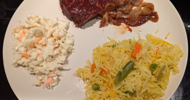 Slow Baked Barbecue Pork Chops with Golden Vegetable Rice