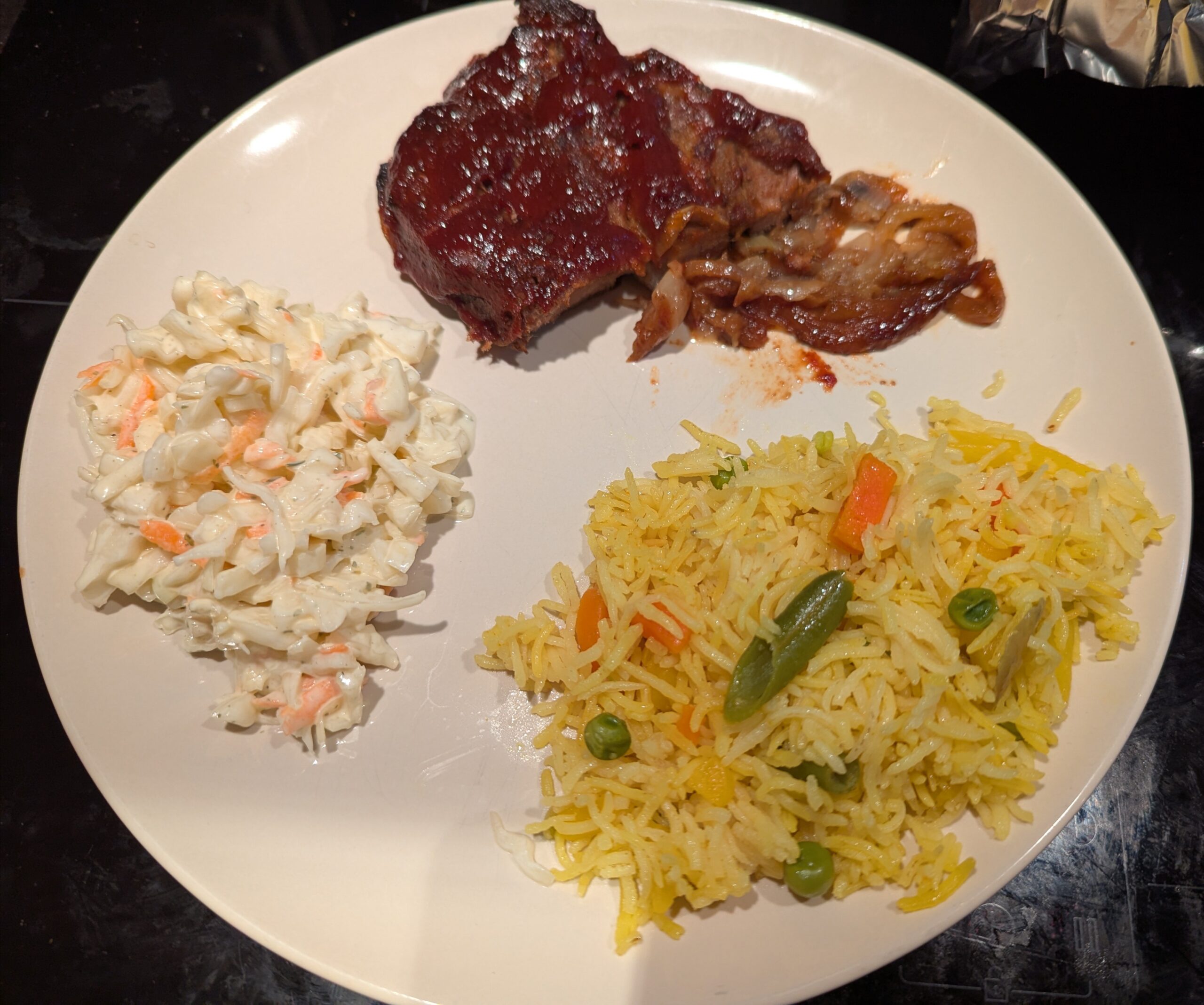 Slow Baked Barbecue Pork Chops with Golden Vegetable Rice