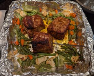 Meat and vegetables straight out of the oven.