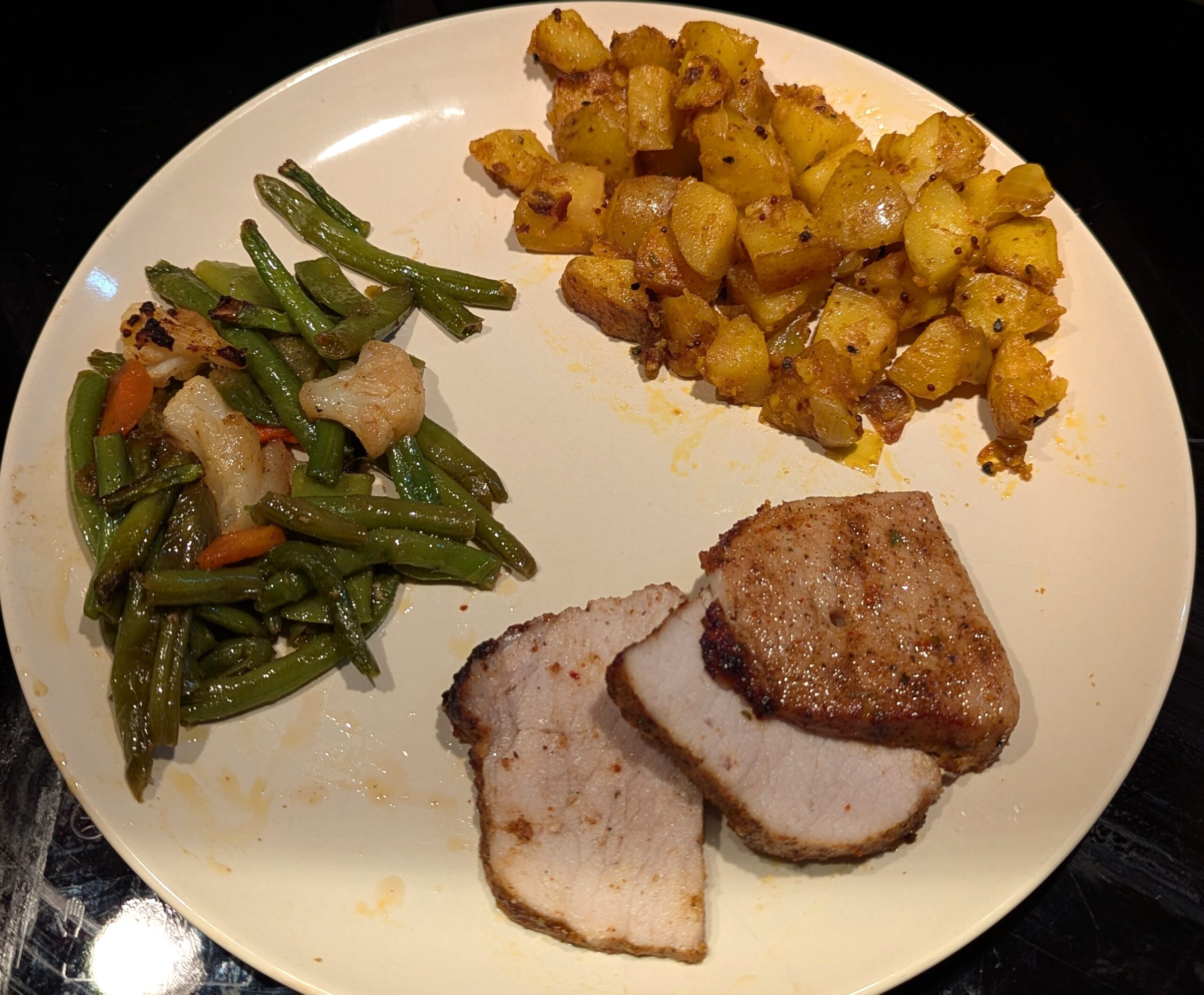 Oven Pork Tenderloin and Vegetables with Spiced Pan Fried Potatoes