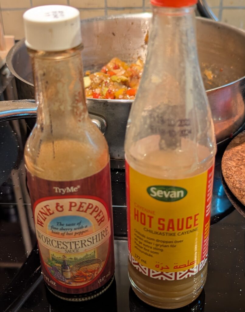 Worcestershire and Sevan brand hot sauce bottles