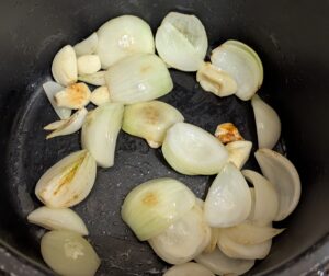 Lightly browned onion and garlic.