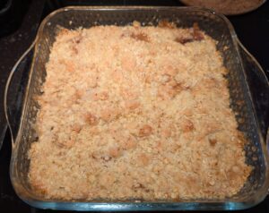 Pan of finished crumble just out of the oven