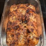 The entire cake in a Pyrex pan, hot out of the oven.
