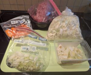 Major soup ingredients, with precut vegetables.