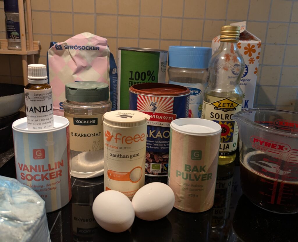Cake ingredients arranged