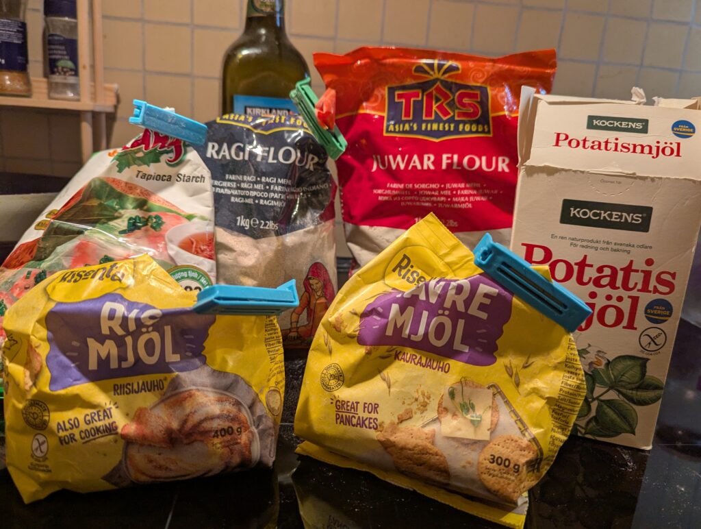 An assortment of gluten free flours and starches in their packages