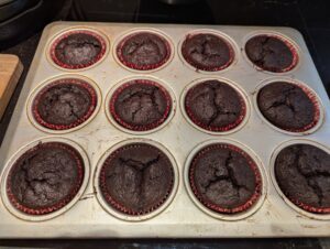 Freshly baked chocolate cupcakes in the pan