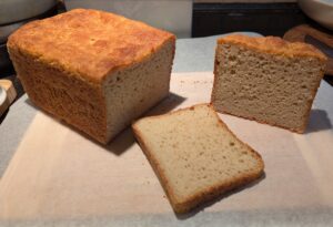 A cut loaf of fresh bread