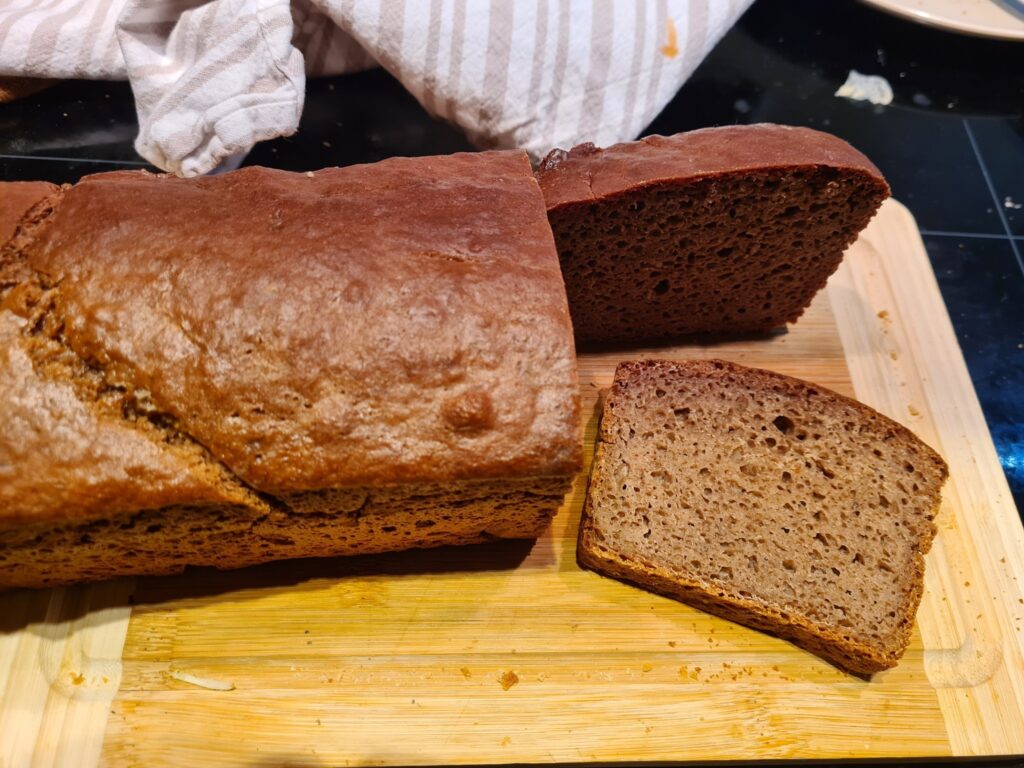 A different loaf of mock rye bread, showing the texture of a slice